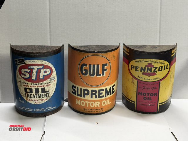 Lot 1-8284 - Set of (3) Open Road brands, approx. 6" tall vintage oil can decoration wall hangers.