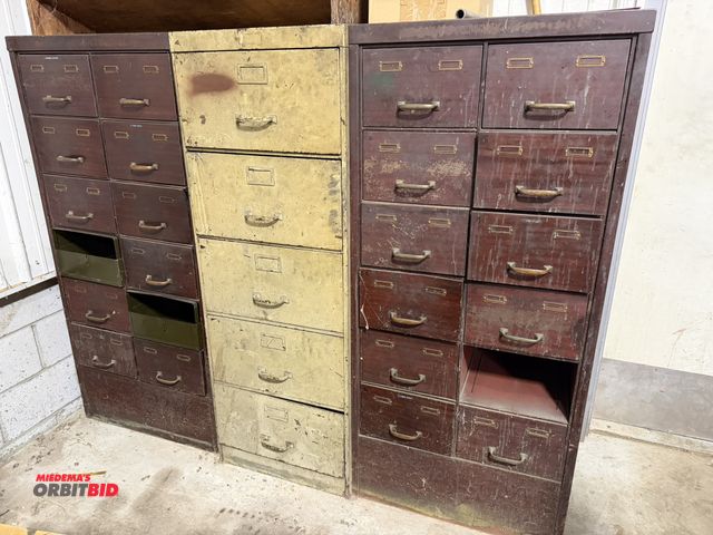 Lot 1-15060 - Lot including (2) 26" width x 57" height x 20" depth steel 12-drawer card filers (1 is missing 1 dra...