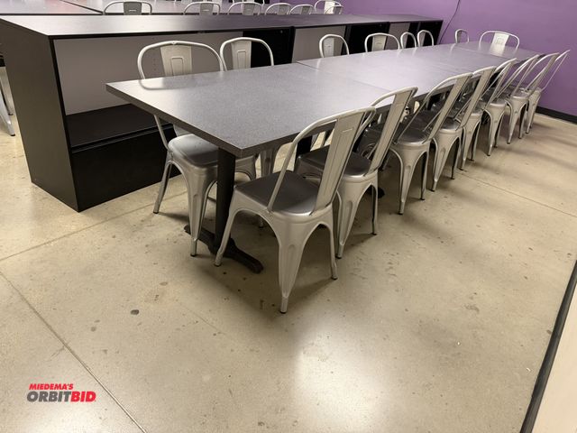 Lot 1-11177 - (4) 48" length x 29-1/2" height x 30" depth metal framed tables with formica tops, (16) matching sta...