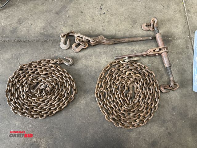 Lot 1-527 - Lot of (2) approx. 20' x 3/8" chains with hooks, includes 1 ratcheting and 1 regular snap style chai...