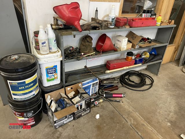 Lot 1-6152 - (1) 3-tier truck shelf, 72" long with contents of (6) assorted grease guns, (1) box of multi-purpose...