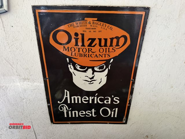 Lot 1-8163 - (1) 20" width x 28" height Oilzum porcelain coated reproduction tin sign.