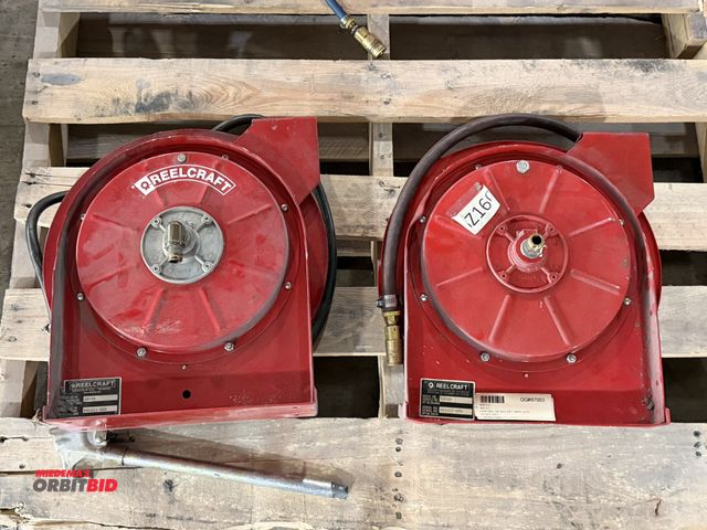 Lot 1-5271 - Lot of (2) Reelcraft, model 6Z160, retractable air hose reels, 1 with 10" air nozzle attached.