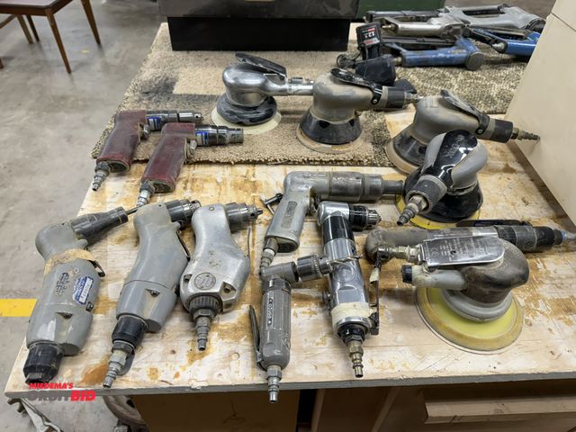 Lot 1-16595 - Large lot of assorted pneumatic hand tools, includes (5) orbital sanders, (3) nail/staple guns, asso...