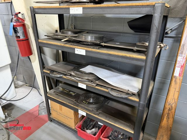 Lot 1-18979 - (1) steel rack, 48" x 17.5" x 59" tall, with assorted clock dial dies.