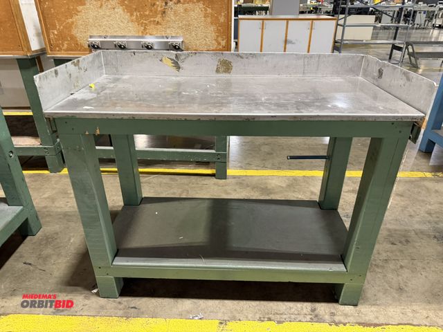 Lot 1-5222 - (1) 48" width x 36" height x 22" depth heavy duty wood framed stand with stainless steel top and 5" ...