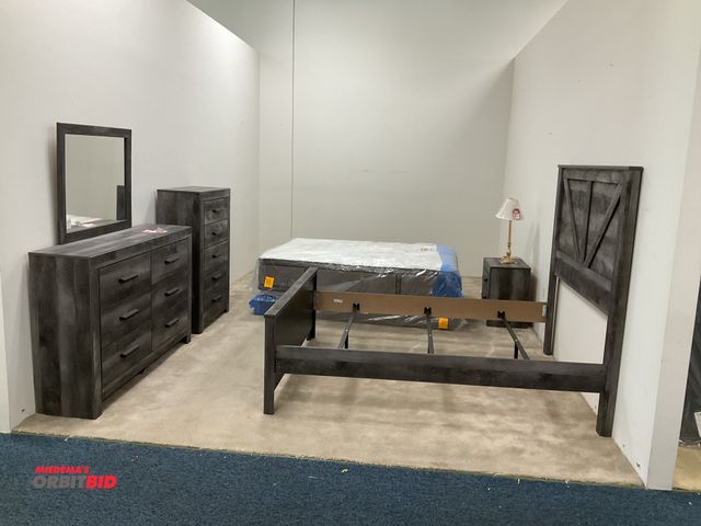 Lot 1-17251 - Bedroom set including; Queen-size bed frame, box spring, and mattress, horizontal double dresser wit...