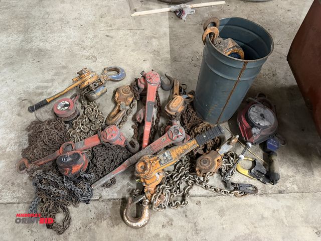 Lot 1-1475 - Large lot of assorted ratchet style come alongs, chain hoists, (1) Miller Equipment retractable fall...