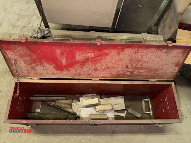 Lot 1-18220 - (2) 38" width x 14" height x 9.5" depth wood tool boxes, 1 with assorted trowels, 1 with various con...