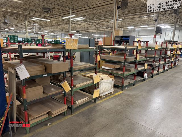 Lot 1-17533 - Approx. (65) stackable racks, 35.5" width x 48.5" length, with contents of assorted cabinet shelves ...