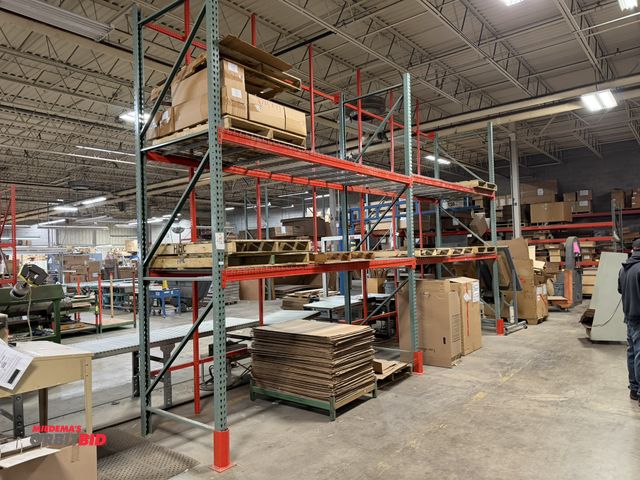 Lot 1-17422 - Lot of Teardrop style pallet racking, includes (3) 48" deep x 14' tall uprights (with 3 - 12" tall p...