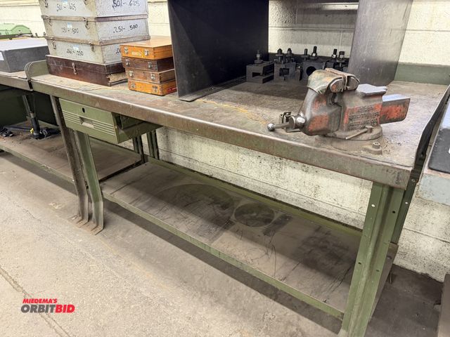 Lot 1-1678 - (1) 60" steel shop table with left-hand pull out drawer, includes 3.5" utility vise.