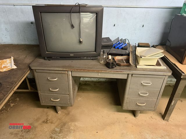 Lot 1-18515 - (1) Steelcase office desk, 60" x 30", (1) RCA VCR, (1) RCA television, (1) 54" wide x 32" table, doe...
