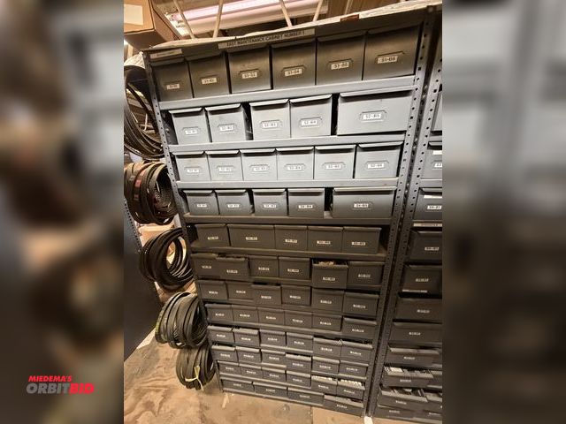 Lot 1-16830 - (1) metal shelving unit with assorted parts bins, 35.5" wide x 17" deep x 73" tall, includes content...