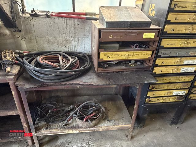 Lot 1-18547 - Lot of (2) metal framed tables, 1 is approx. 45" wide, 1 is approx. 36" wide, with contents of (1) 4...