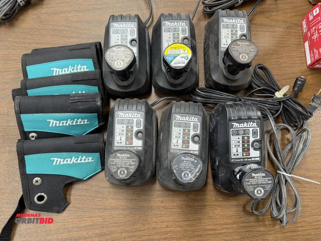 Lot 1-16857 - (6) Makita 7.2 through 10.8/12V battery chargers, includes (6) batteries, and (5) Milwaukee drill ca...