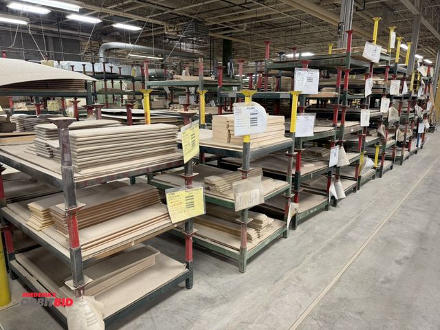 Lot 1-16405 - (9) stackable steel racks, 48" x 36" x 9" tall, with various sized removable arms, includes all wood...