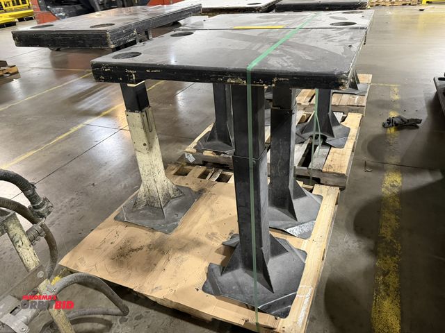 Lot 1-5357 - Lot of (3) adjustable height, heavy duty steel stands, with 28" x 19" wood composite tops (all 3 hav...