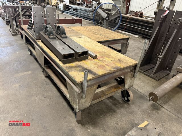 Lot 1-6493 - Lot of 2 heavy duty steel railroad style carts, (1) appears to be welded together and is approx. 8' ...