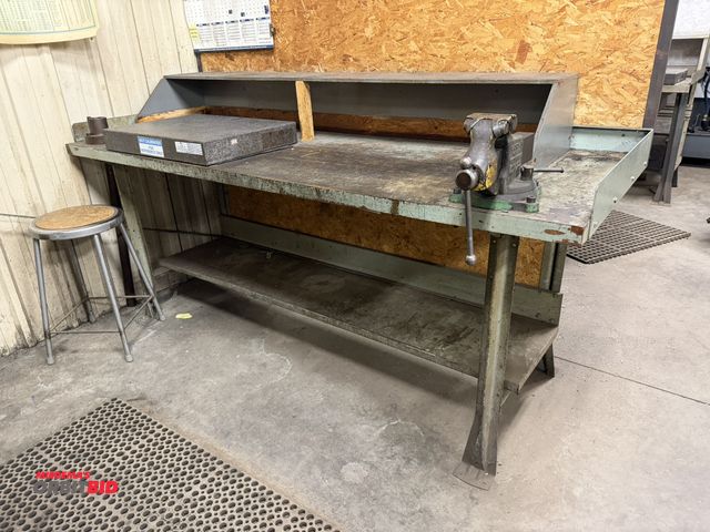 Lot 1-1908 - (1) 84" length x 33.5" height x 30" depth steel framed work bench with 1 3/4" thick wood top, mounte...