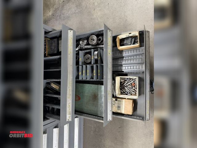 Lot 1-834 - Contents of drawer 9-11, includes tap extractors, portioning tools, drill blanks, dies, die stock, p...