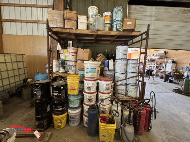 Lot 1-14221 - Contents of scaffolding, includes various buckets of Chem-Master Spray Cure and Seal 25, Rustoleum T...