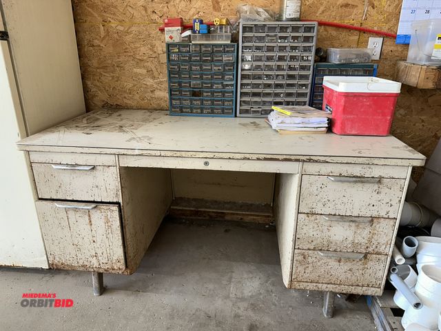Lot 1-14132 - (1) 60" width x 30" height x 30" depth steel framed desk with 5 drawers and contents including (1) H...