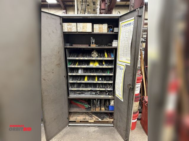 Lot 1-15406 - (1) heavy duty 2-door storage cabinet, 40" wide, with contents of assorted drills, counter bores, re...