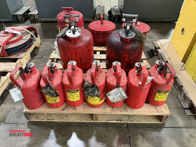 Lot 1-5545 - Entire skid of contents, including (7) JustRite 1 gallon capacity safety cans, (2) plastic 5 gallon ...