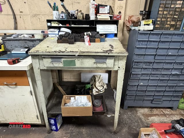 Lot 1-12503 - (1) 34.5" width x 53" height x 29" depth steel foreman's desk with single drawer and lower wood shel...