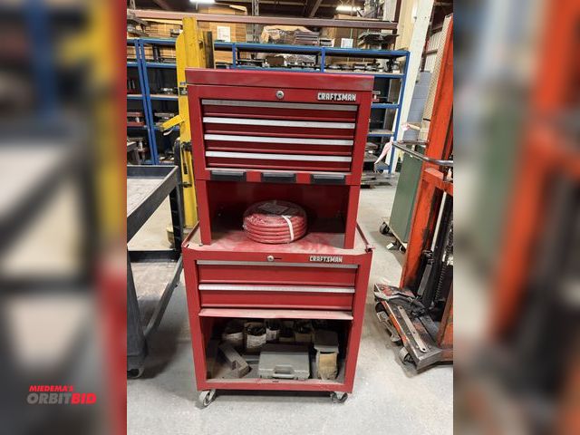 Lot 1-18820 - (1) Craftsman 6-drawer rolling tool box, 26.5" wide x 14" deep x approx. 52" tall, and (1) 50' air h...