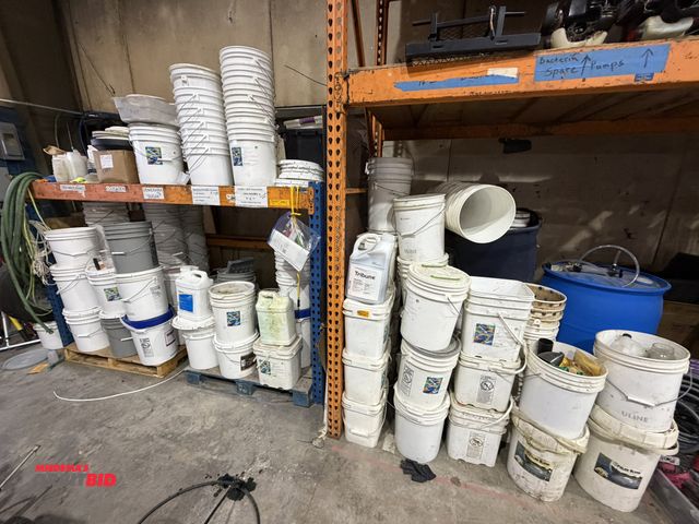 Lot 1-18654 - Large lot of assorted pond and lake chemicals, empty and cut 5-gallon buckets, chemicals include (2)...