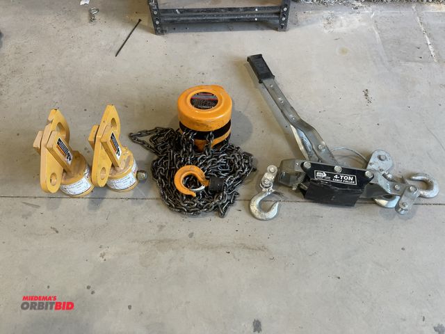 Lot 1-18752 - Lot of (1) Big Red 4-ton cable puller, (1) Haul Master 1-ton chain hoist, and (2) beam clamps, model...