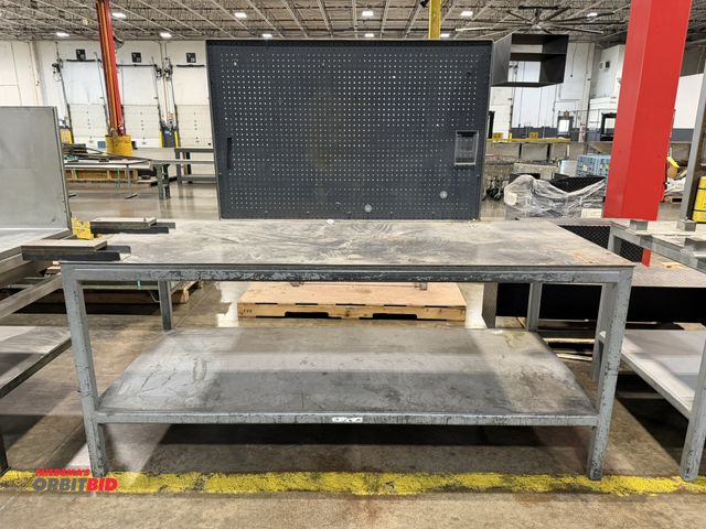 Lot 1-5133 - (1) 7' length x 37" height x 36" depth heavy duty steel work bench with lower steel shelf, and 55.5"...