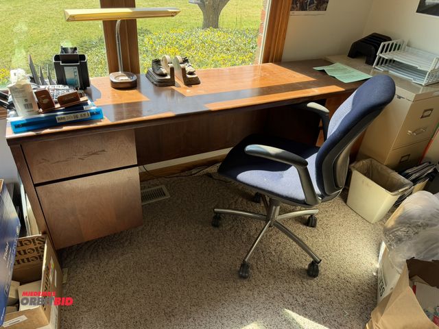 Lot 1-19200 - (1) wooden desk with chair, 72" x 20", includes lamp.