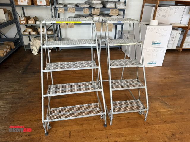 Lot 1-4754 - (1) Garlin 5-step warehouse ladder, 27.5" wide, with top step height at 48", (1) Ballymore Company 5...