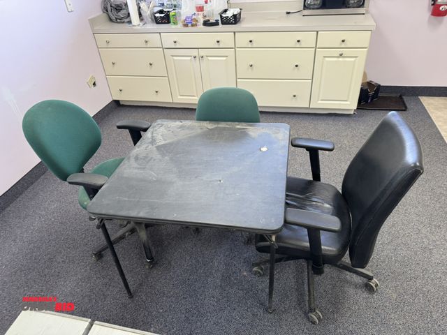 Lot 1-18700 - (1) card table 4' x 4', and (3) assorted office chairs.