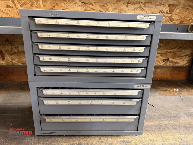 Lot 1-1932 - (2) Huot 14 3/4" width x 7.5" height x 7" depth  3-drawer drill storage units with assorted fraction...