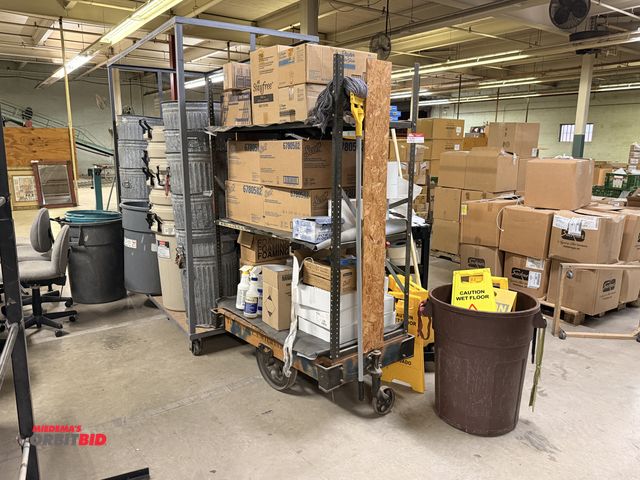 Lot 1-7470 - (1) Lot Of Cleaning Supplies, includes; Paper Towels, Caution Signs, Mop Buckets, Assorted Trash Can