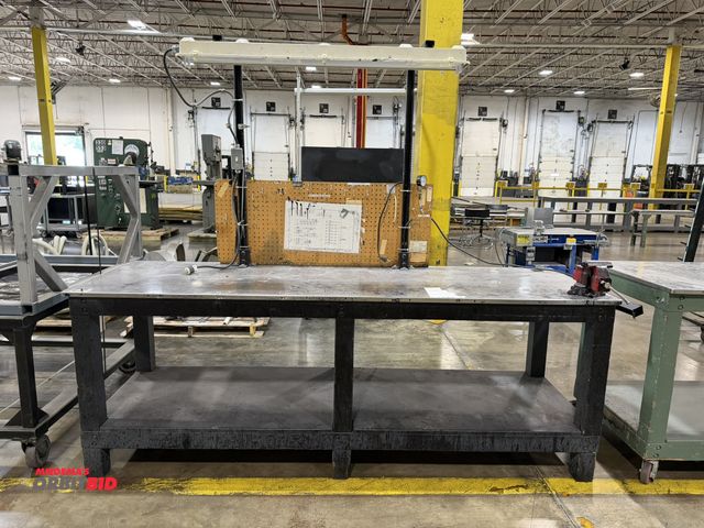 Lot 1-5137 - (1) 8' length x 35.5" height x 30' depth wood framed work bench with stainless steel top, attached 4...
