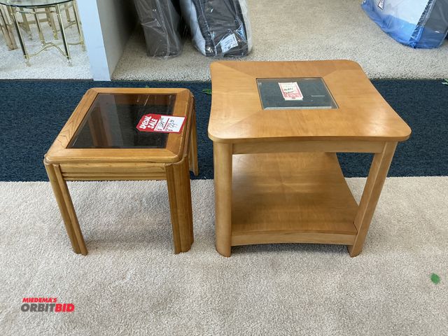 Lot 1-17363 - Set of (2) side tables (1) measures 26” x 26” 24” tall (1) glass top table 19.5” x 24” x 19” tall