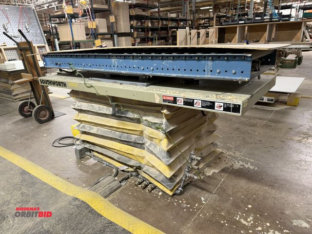 Lot 1-16668 - (1) Southworth pneumatic lift table, foot pedal control, 200 lb. capacity, 72" x 30" wide, custom bu...
