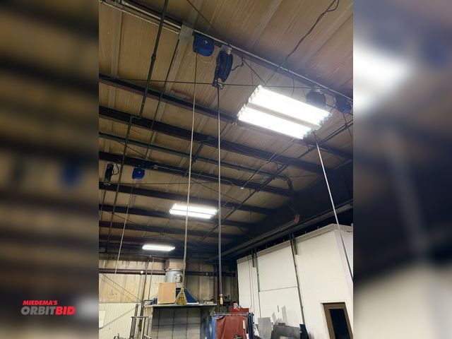 Lot 1-15444 - Lot of (1) retractable air hose reel, and (1) retractable electrical reel, ceiling mounted, winning ...