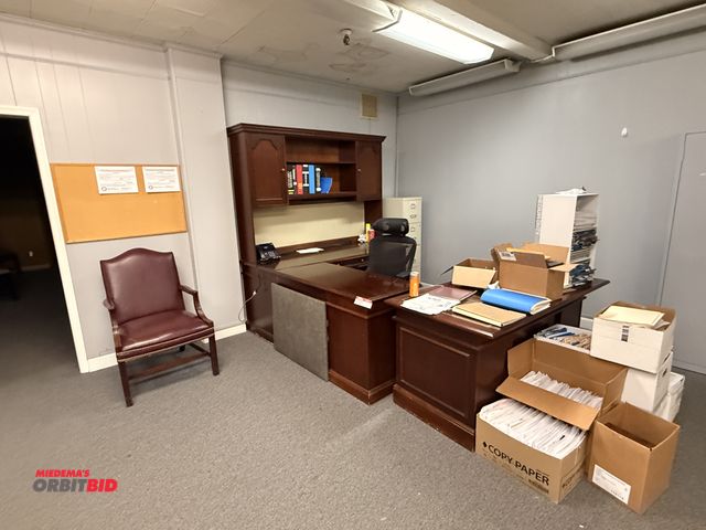 Lot 1-7531 - Contents of office; (1) L-Shaped Desk W/ Bookshelf, (1) Office Desk, (1) Bookshelf, Wooden Filing Ca...