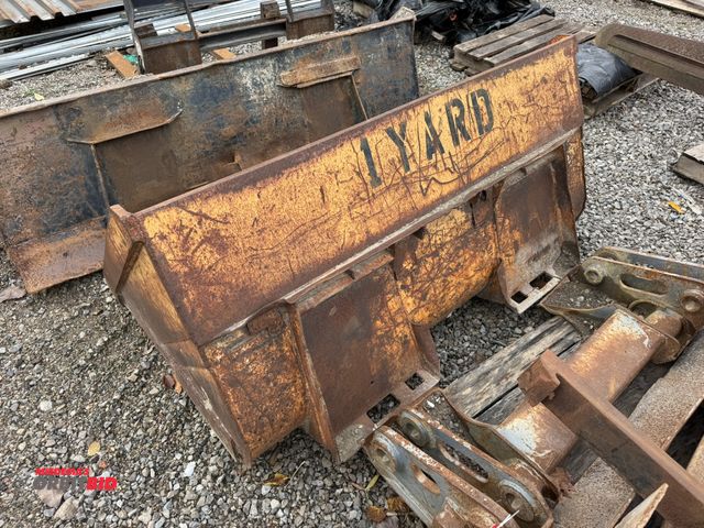 Lot 1-16037 - (1) 64" wide (1 yard capacity) bucket for skid steer (unit has holes in back section and sides, miss...