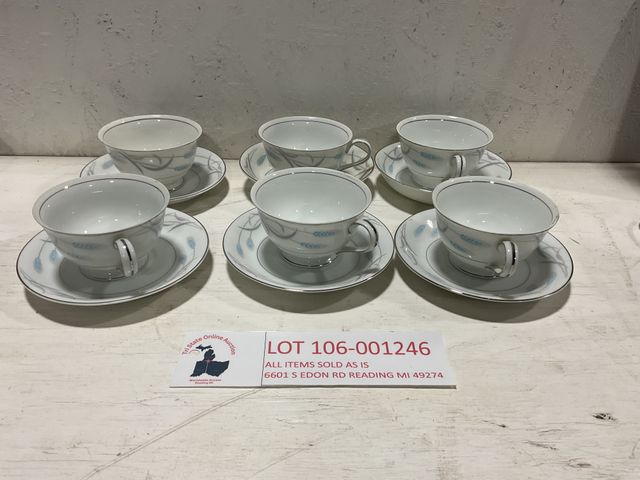 Lot 106-001246 - Set of 6 Valmont China Royal wheat pattern cups and plates. 4 flat tea plates, 2 curved up tea plate...
