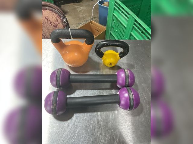 Lot 106-001216 - Set of weights. One 15lb. One 5lb. 2 2.5 shakers.