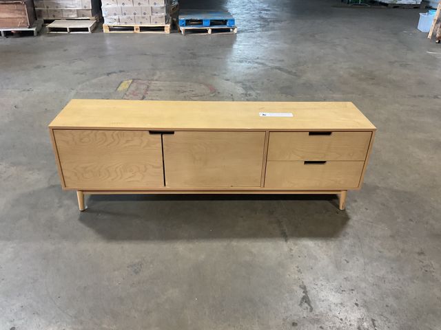 Lot 106-001242 - Light wood dresser. 2 drawers and cabinet with 2 shelves. partial cracking on top