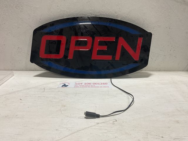 Lot 106-001260 - Open sign, unsure of operating condition. Missing half of the power cord.