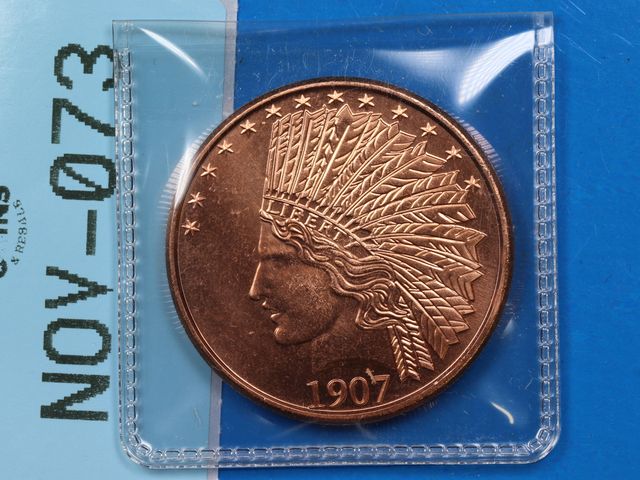Lot 108-073 - 1oz 999 COPPER ROUND 1907 DATED $10 INDIAN HEAD DESIGN BULLION ROUND
